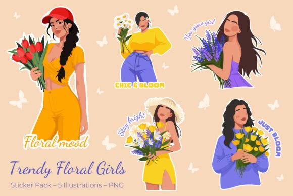 Download Trendy Floral Girls – PNG Sticker Pack - Floral Collection